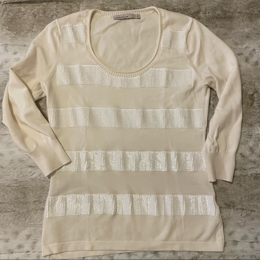Karen Millen White Sequins Striped Fitted Knitted CottonSweater Size 2